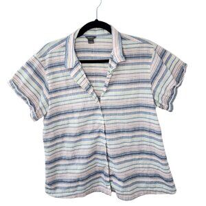 Eddie Bauer Women’s Blue & Pink Striped Button-Up Short Sleeve Blouse, Size L